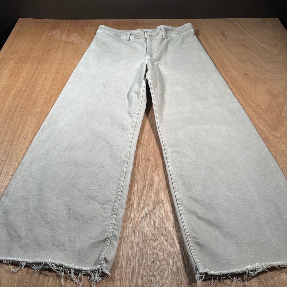 Zara Wide Leg Pants Women 14 Khaki Raw Hem High Rise Denim Jeans Neutral
